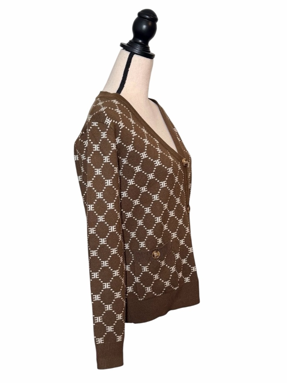 Ellandemm Woman’s Monogram Preppy Academia Cardigan Brown & Ivory 
Size S/M - Picture 5 of 9